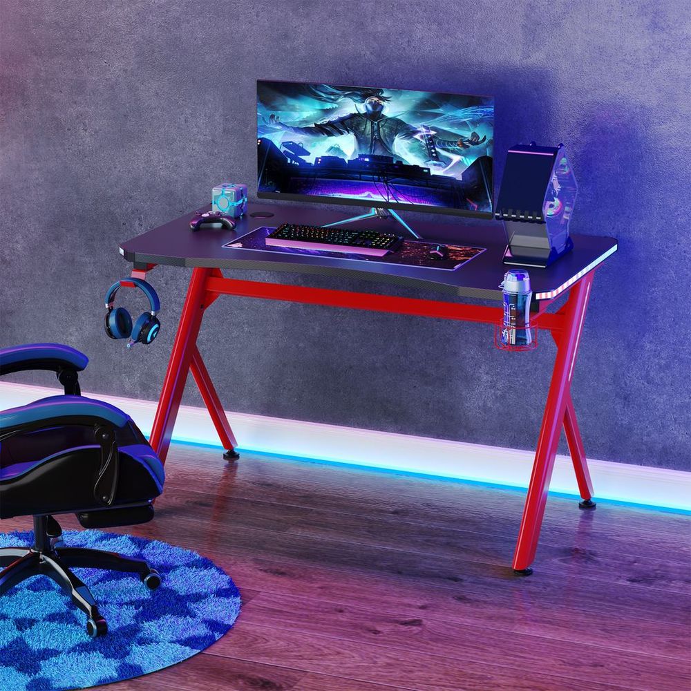 Gaming Desk Computer Table w/ LED Light, Cup Holder Headphone Hook Red - anydaydirect