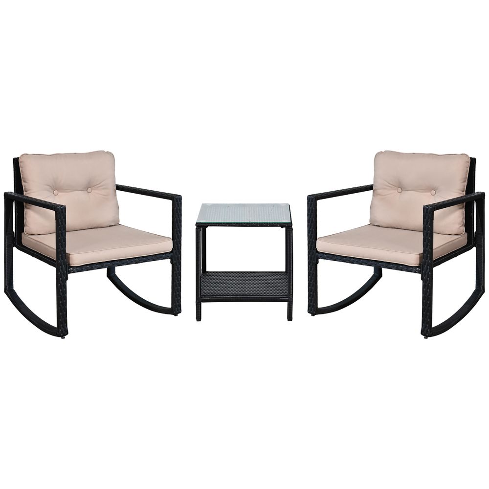 Outsunny 2 Seater Rattan Rocking Set W/Cushion-Black/Beige - anydaydirect