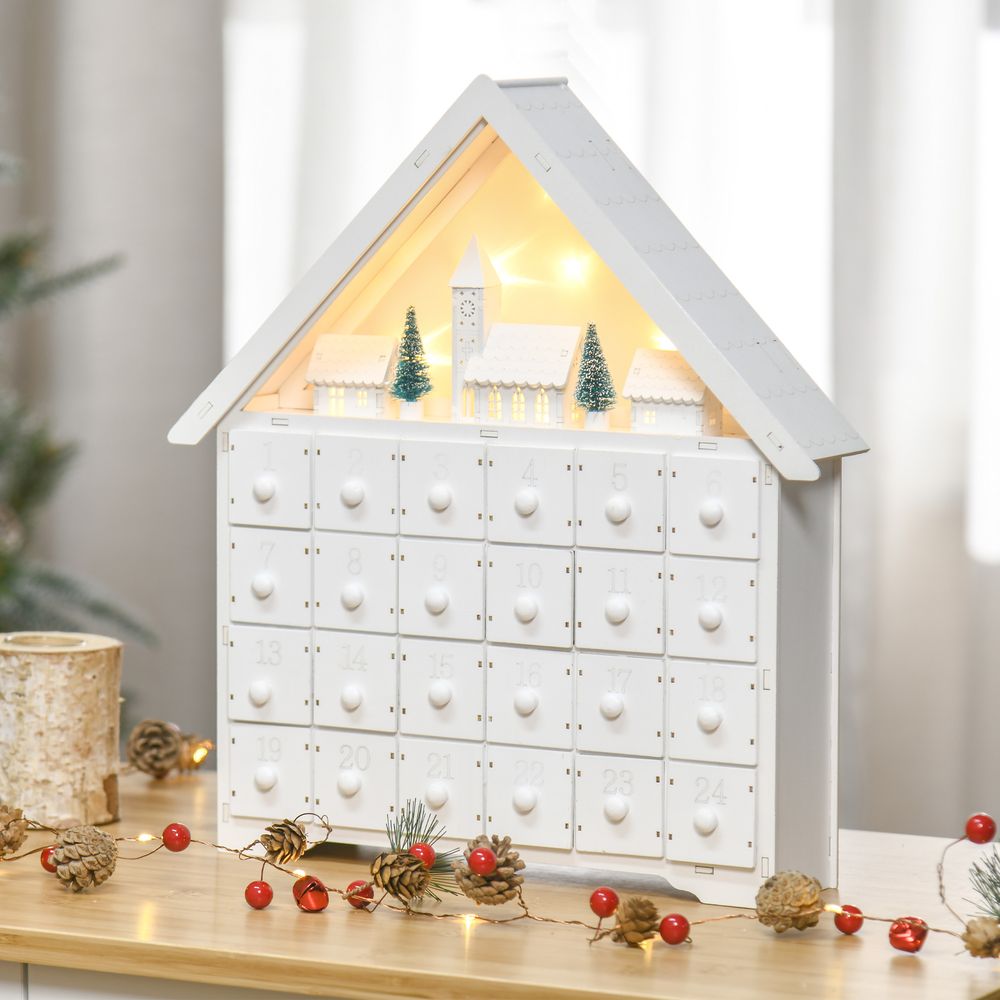 24-Drawer Christmas Advent Calendar Wooden Light-Up Countdown White - anydaydirect