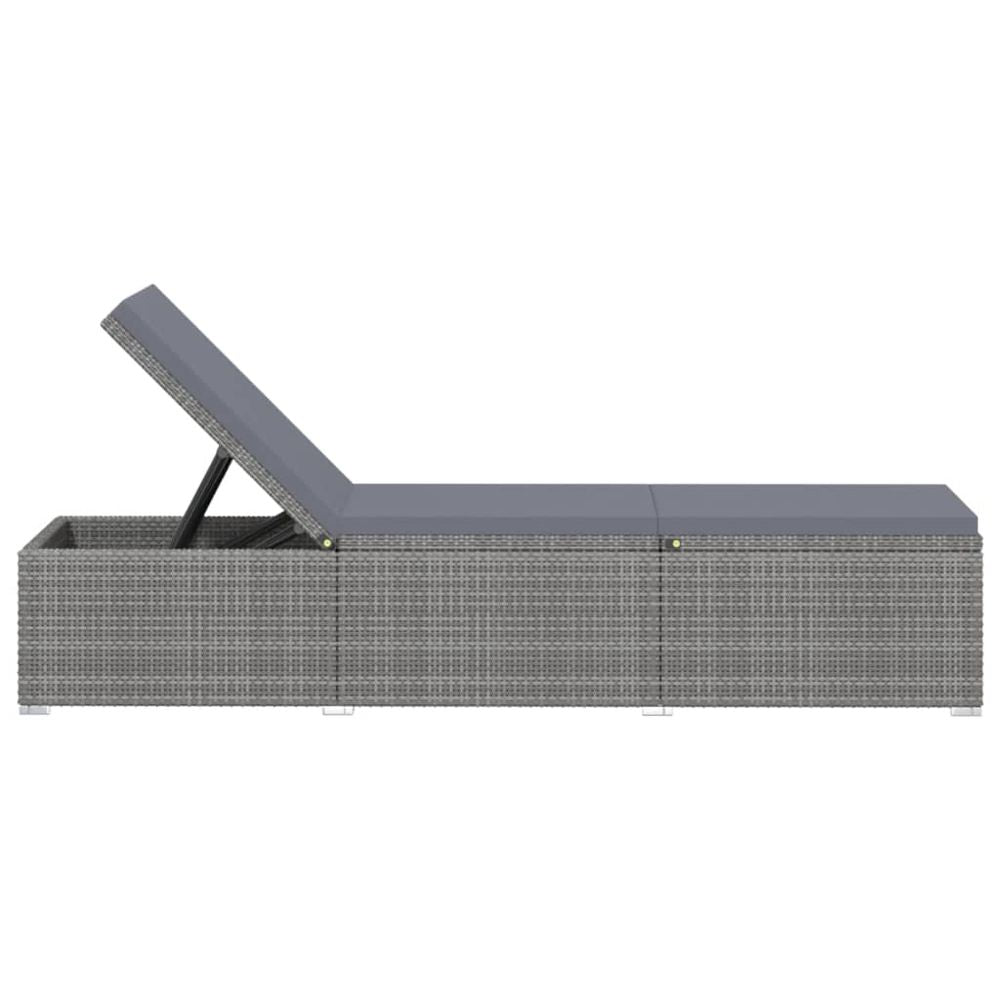 Sun Lounger with Cushion and Tea Table Poly Rattan Grey - anydaydirect
