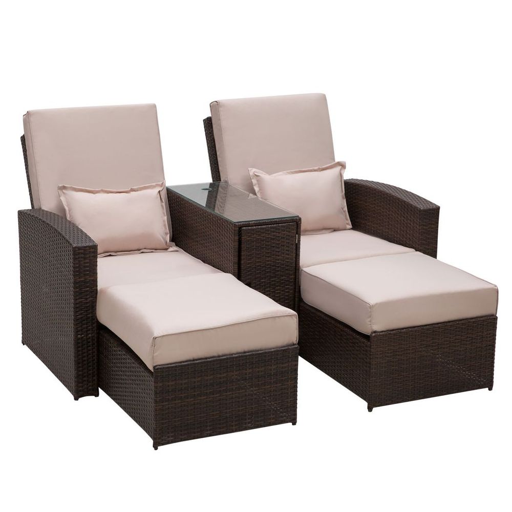 Garden Double Rattan Sun Lounger Sofa Recliner Wicker Patio Brown - anydaydirect