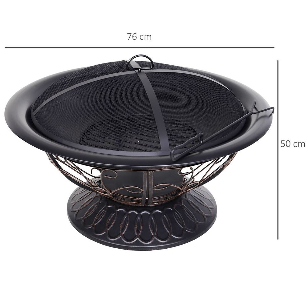 76cm Round Garden Firepit Patio Heater with Poker, Cover,Wood Log Grade - anydaydirect