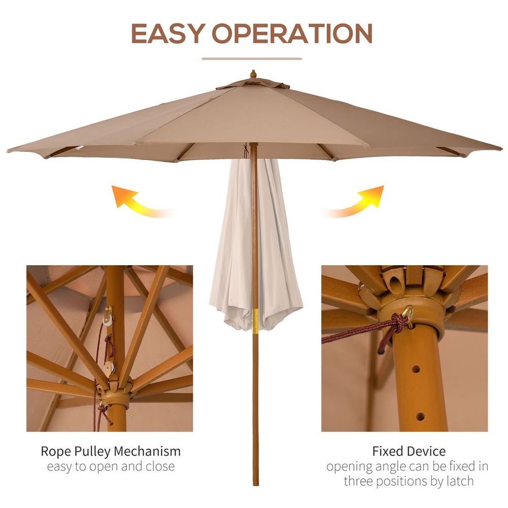 Outsunny 3(m) Wooden Garden Parasol Sun Shade Outdoor Umbrella Canopy Khaki - anydaydirect