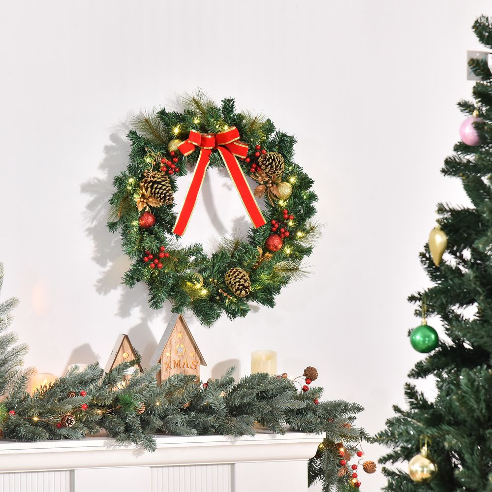 60cm Pre-Lit Artificial Christmas Door Wreath Holly LED Decor Pine Cones Hangin - anydaydirect