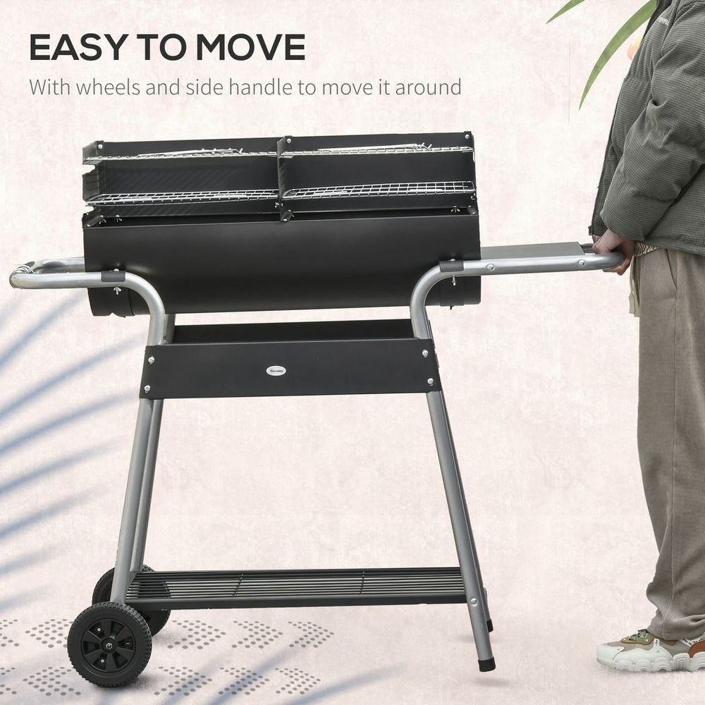 Outsunny Charcoal BBQ Grill with Double Grill, Table, Storage Shelf and Wheels - anydaydirect