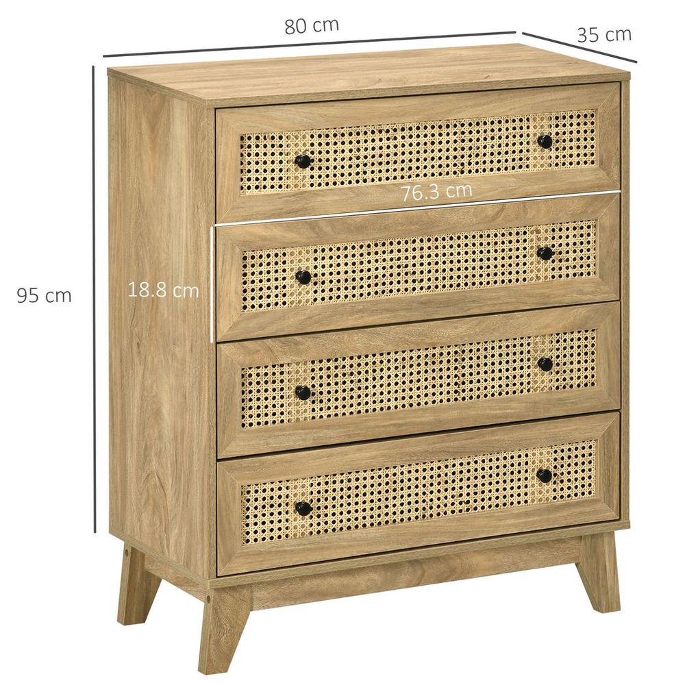 Rattan Chest of Drawers 4-Drawer Dresser Storage Cabinet Bedroom, Wood Effect - anydaydirect