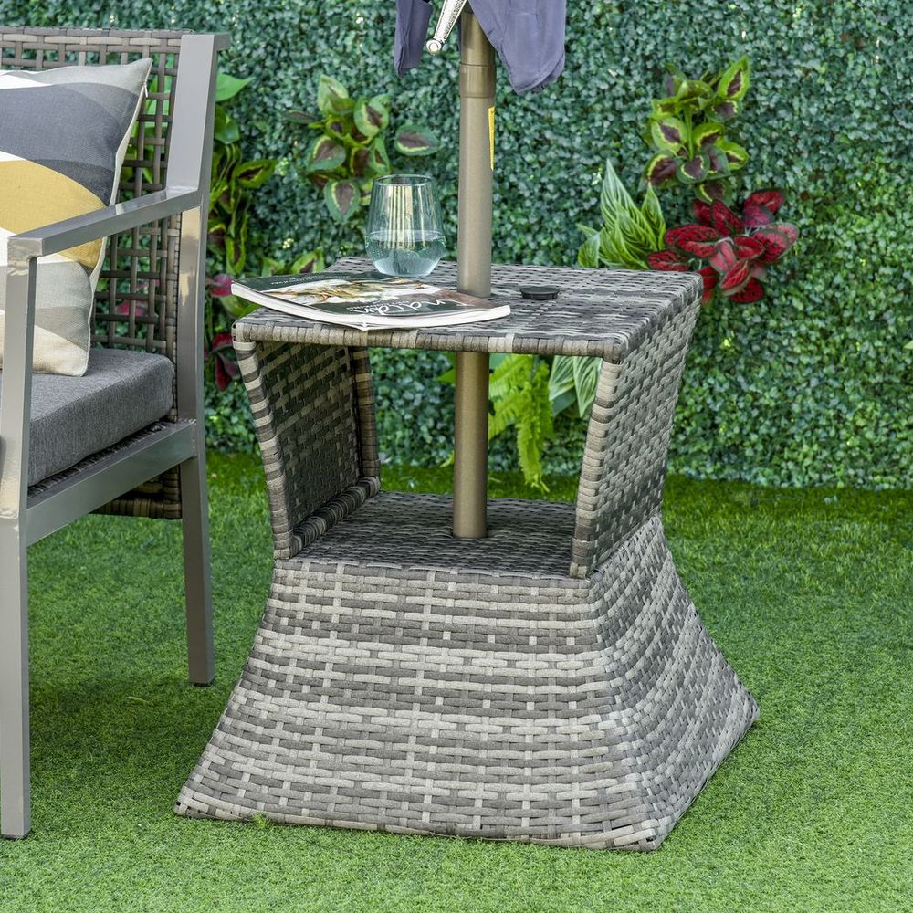 Outsunny Rattan Wicker Tea Coffee Table w/ Umbrella Hole and Storage Space Grey - anydaydirect