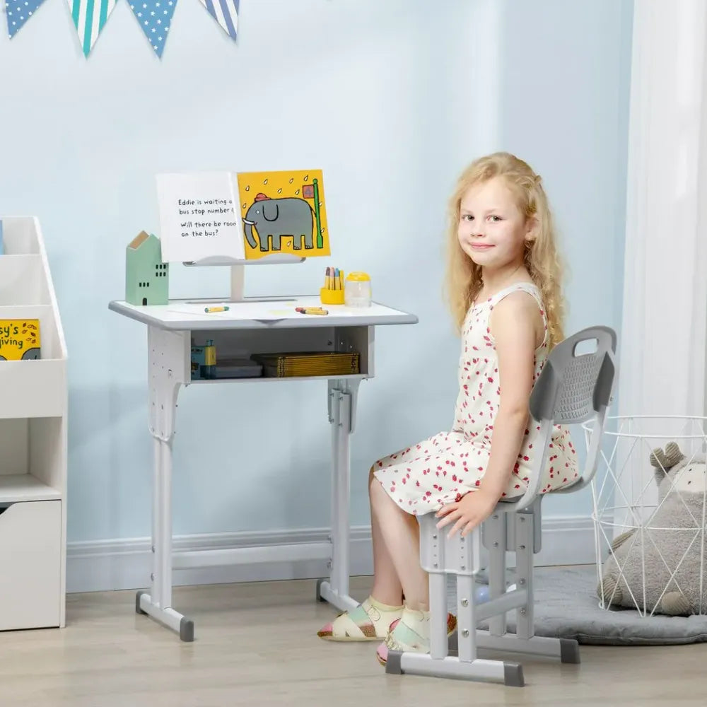 Kids Desk and Chair Set Adjustable Height Study Table w/ Book Stand - Grey - anydaydirect