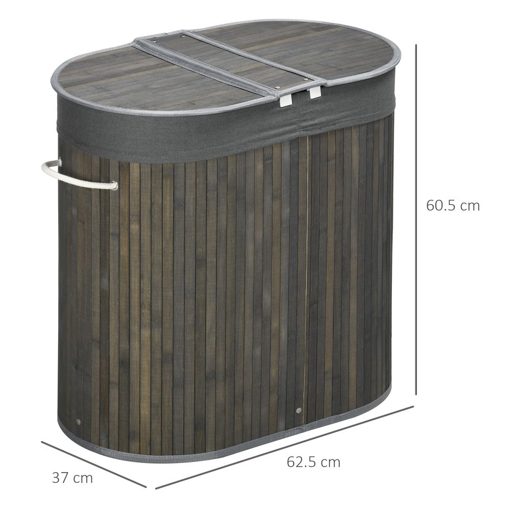 100L Bamboo Laundry Basket w/ 2 Compartments Washing Baskets Grey HOMCOM - anydaydirect