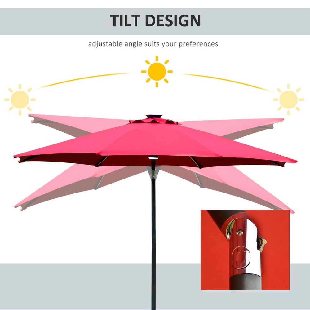 2.7m Garden Parasol Summer Shelter w/ LED Solar Light Crank Tilt Red - anydaydirect