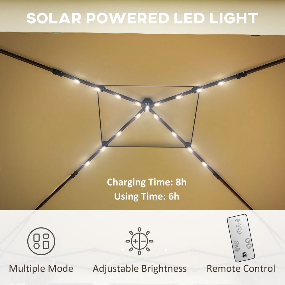 Outsunny 3x3(m) Pop Up Gazebo w/ Solar-Powered LED Lights Curtain Netting Khaki - anydaydirect