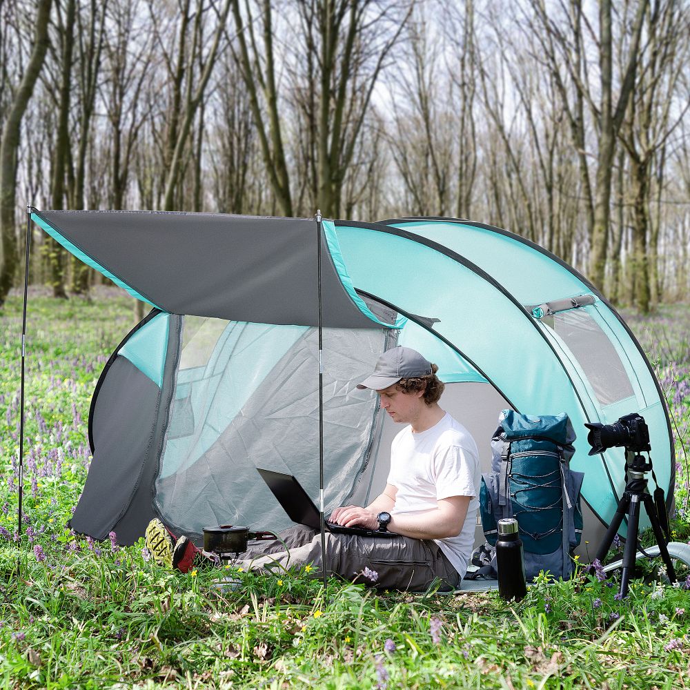 4 Person Camping Tent Pop-up Design Mesh Vents for Hiking Dark Blue Outsunny - anydaydirect