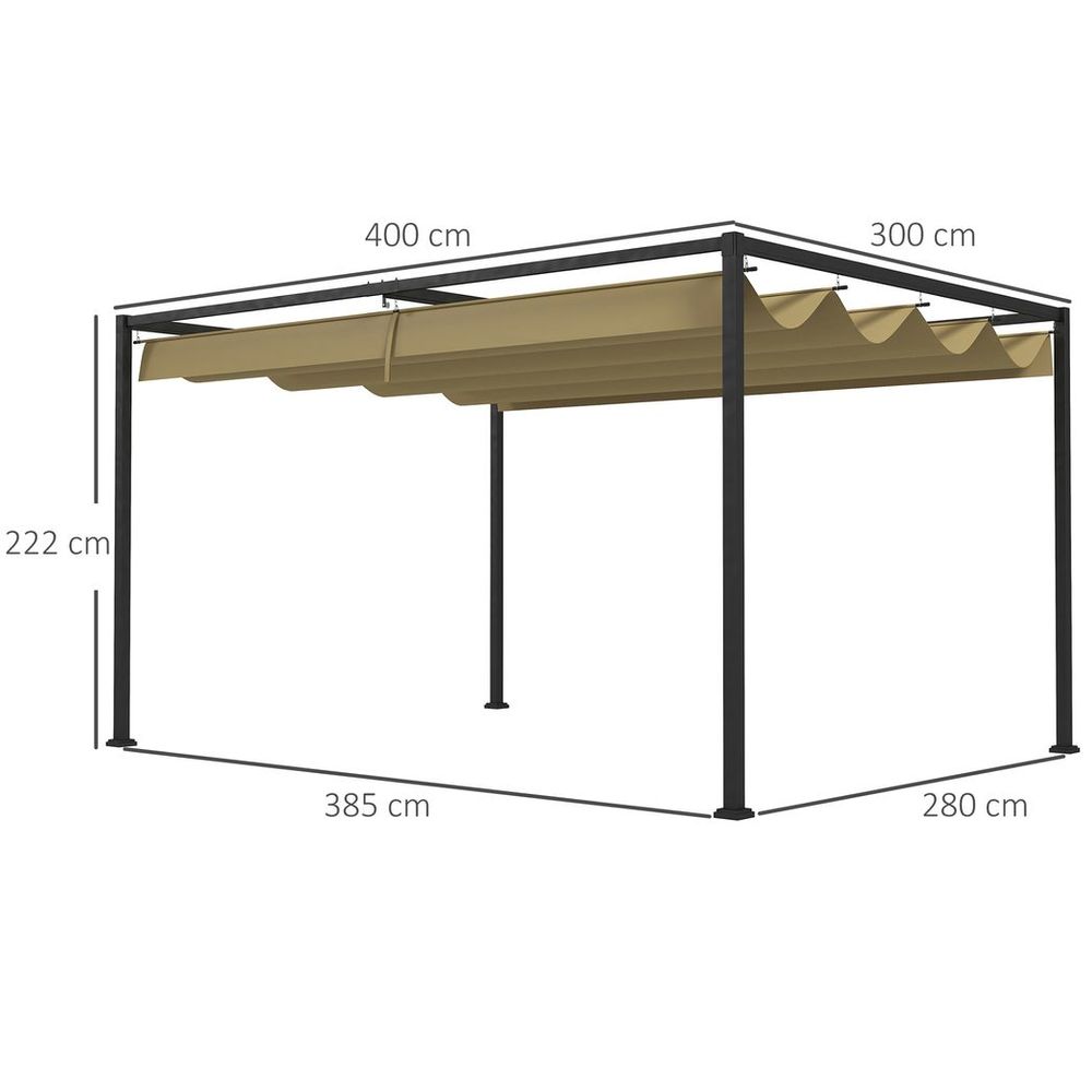 Outsunny 4x3(m) Metal Pergola Gazebo Patio Sunshelter Retractable Canopy Khaki - anydaydirect