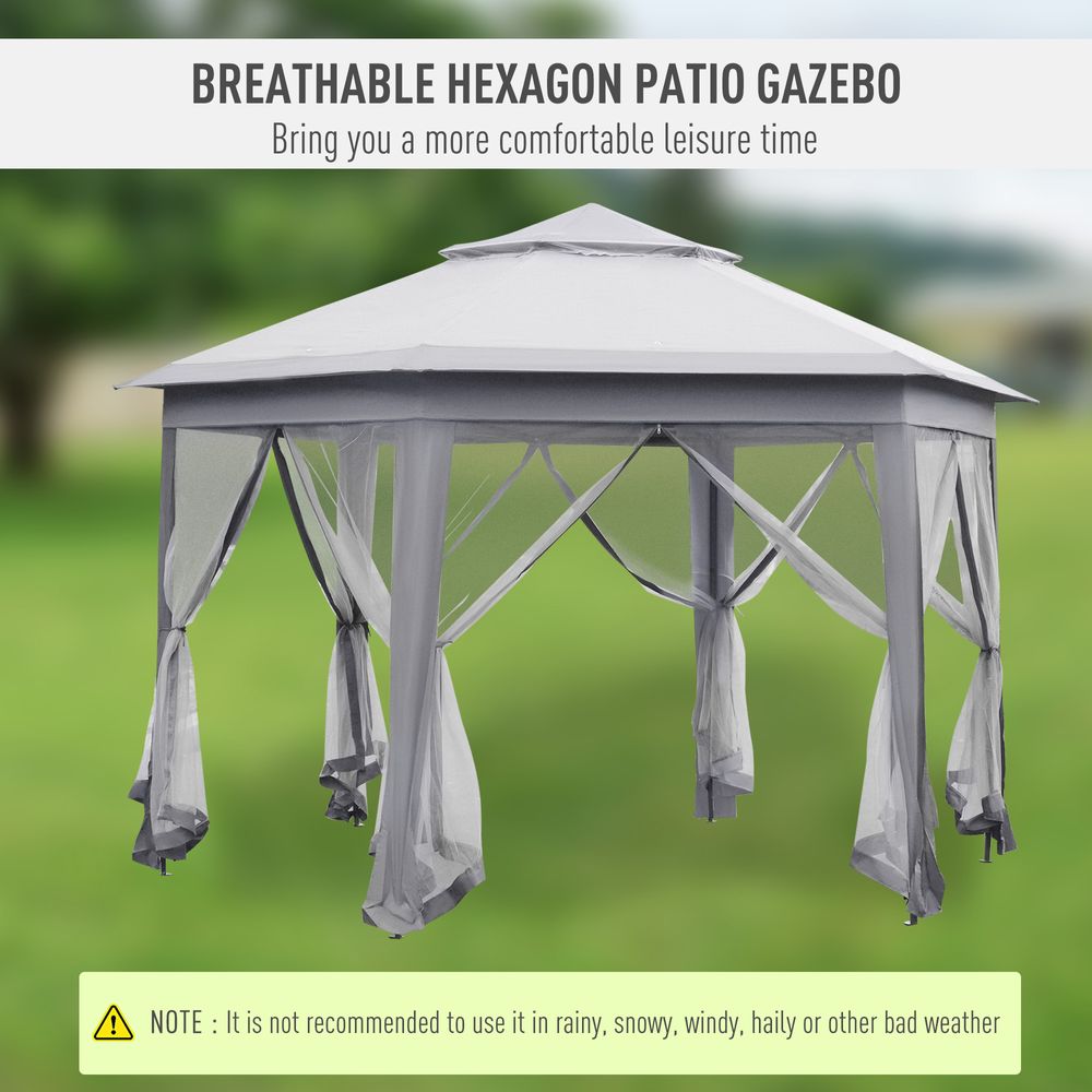 Hexagon Pop Up Gazebo Double Roof Netting, 4m x 4m, Grey w/ Mesh, 4x4m - anydaydirect