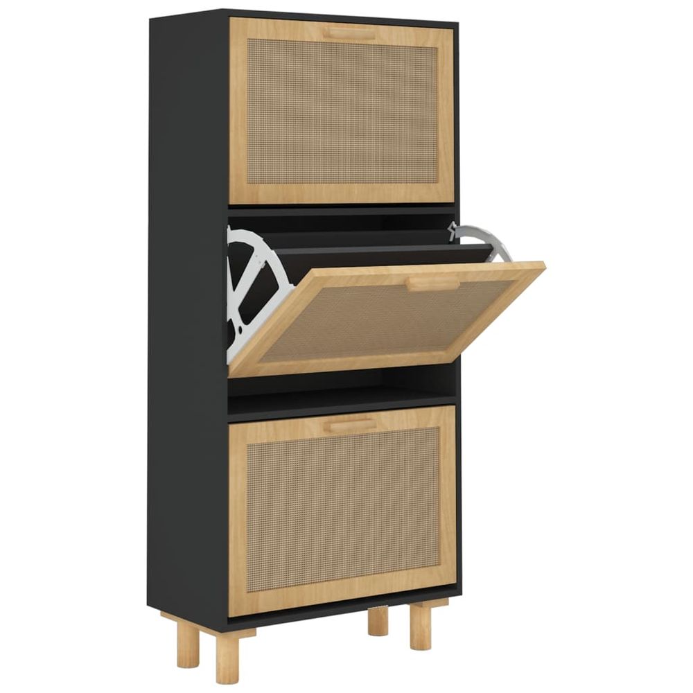 Shoe Cabinet Black 52x25x115 cm Engineered Wood&Natural Rattan - anydaydirect