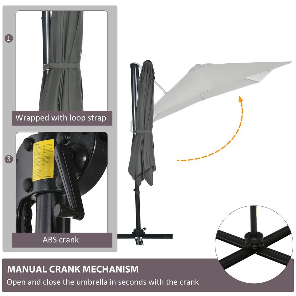 Outsunny Square Cantilever Roma Parasol 360� Rotation w/ Hand Crank, Grey - anydaydirect