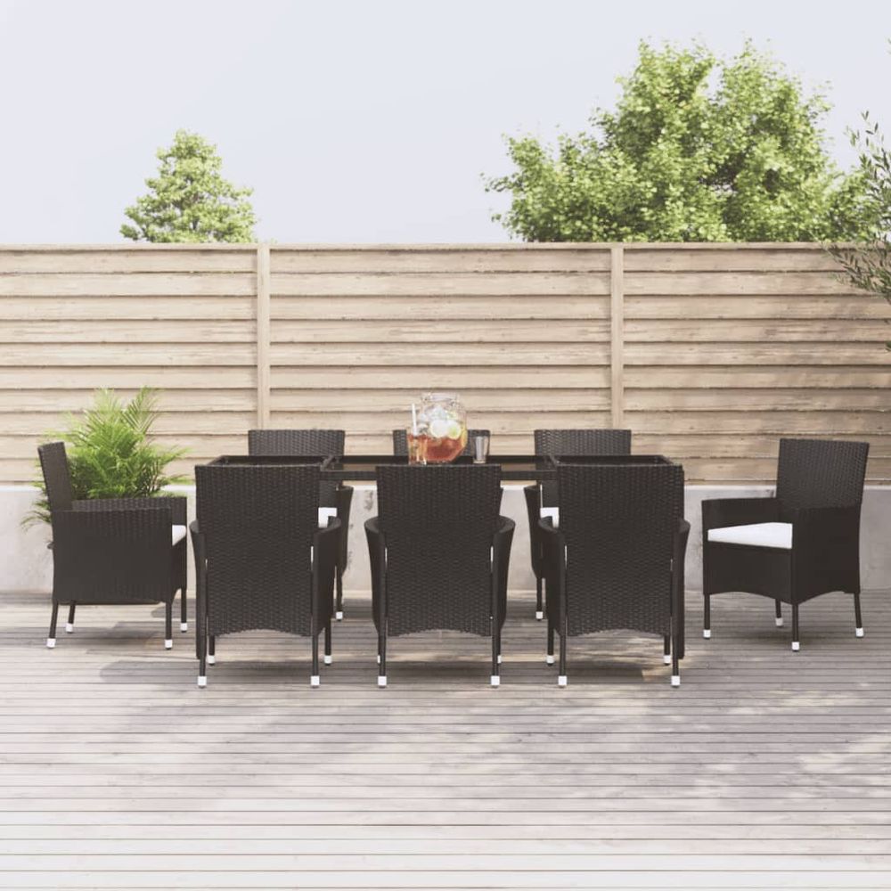 vidaXL 9 Piece Garden Dining Set with Cushions Black Poly Rattan - anydaydirect