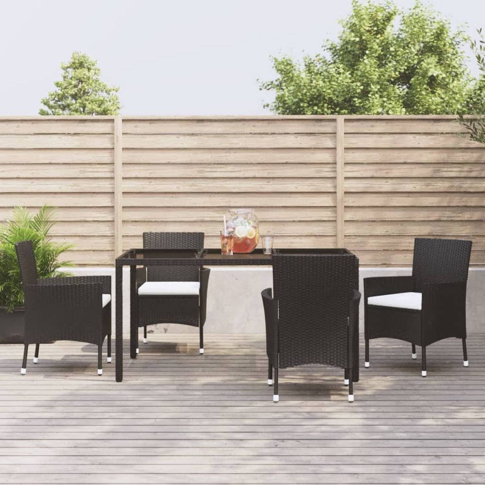 vidaXL 5 Piece Garden Dining Set with Cushions Black Poly Rattan - anydaydirect