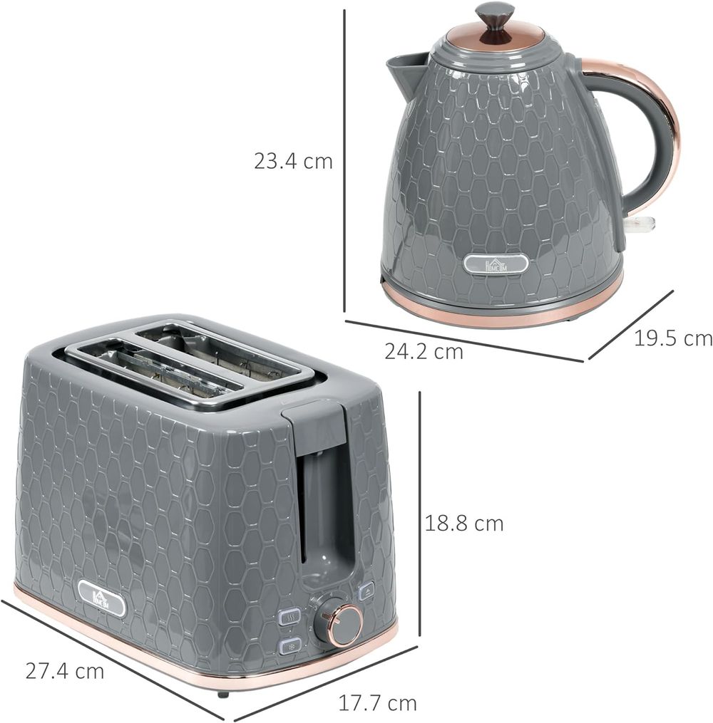 HOMCOM Kettle and Toaster Set 1.7L Fast Boil Kettle & 2 Slice Toaster Set Grey - anydaydirect