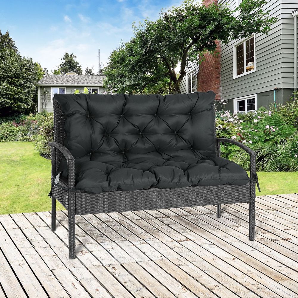 2 Seater Garden Bench Cushion Outdoor Seat Pad with Ties Black - anydaydirect