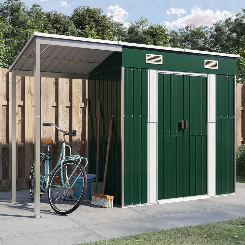 vidaXL Garden Shed with Extended Roof Green 277x110.5x181 cm Steel - anydaydirect