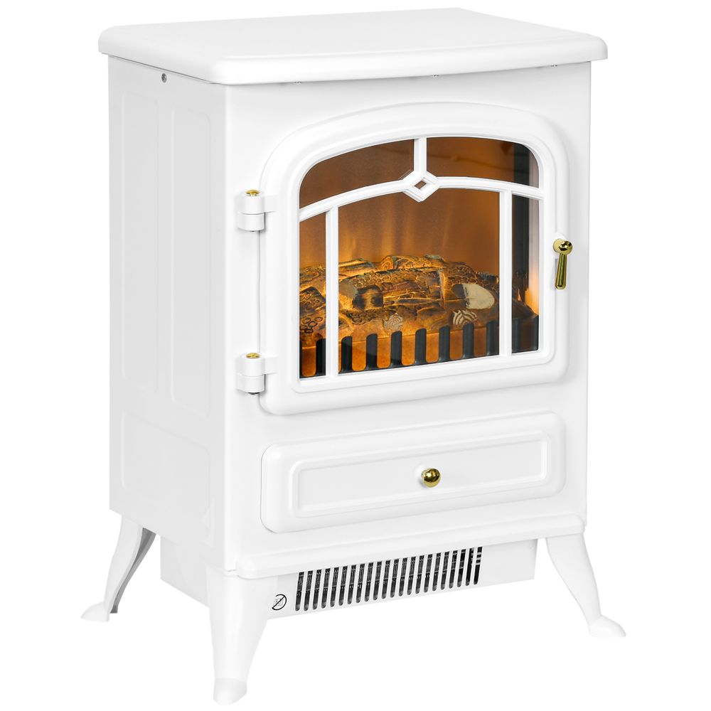 HOMCOM Fireplace Stove Heater Log Burning Flame Electric 950/1850W White - anydaydirect