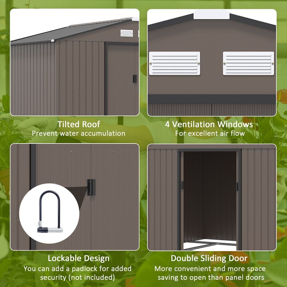 9 X 6FT Outdoor Storage Garden Shed Sliding Door Galvanised Metal Brown - anydaydirect