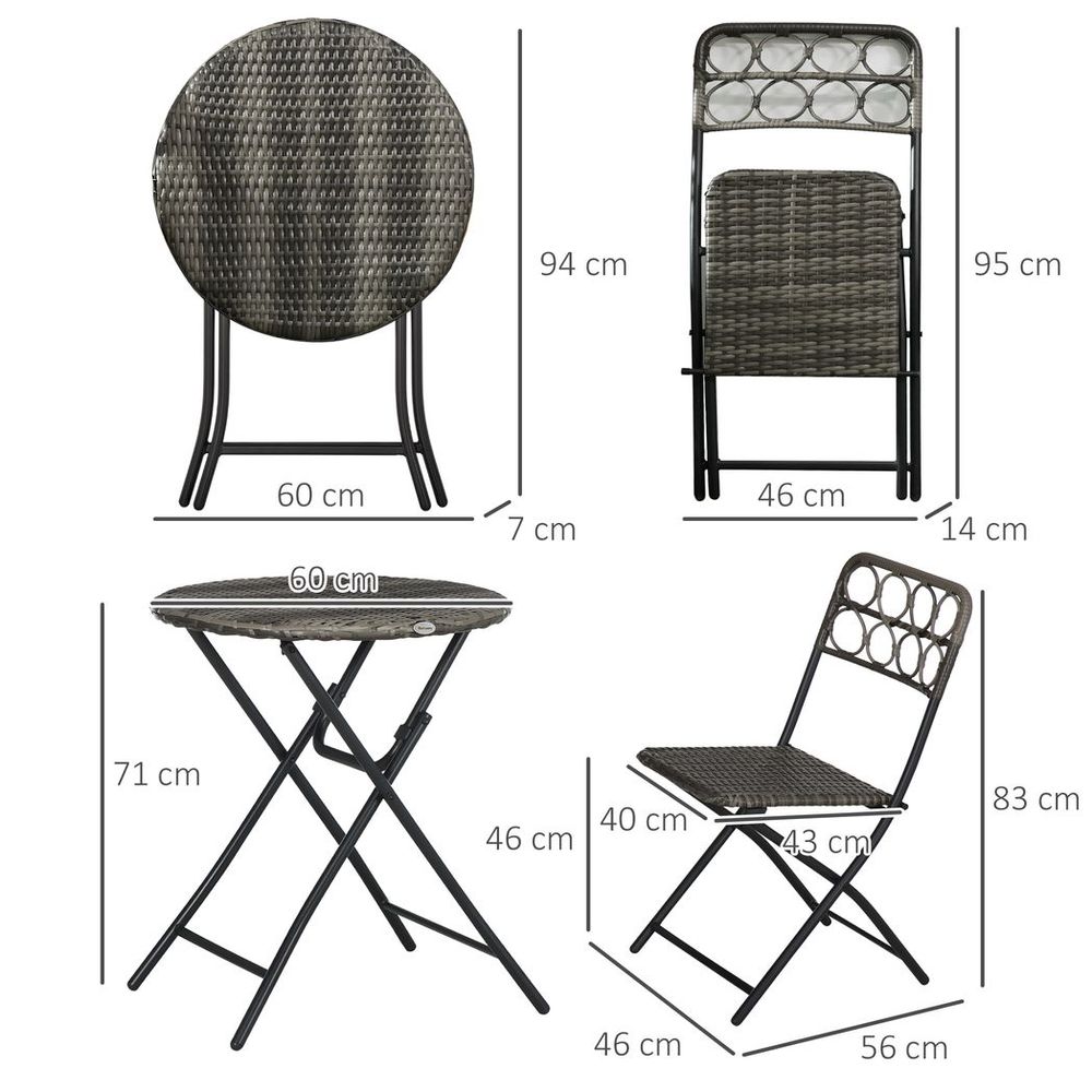 Outsunny 3 PCS Folding Rattan Wicker Bistro Set, Coffee Table Set, Grey - anydaydirect