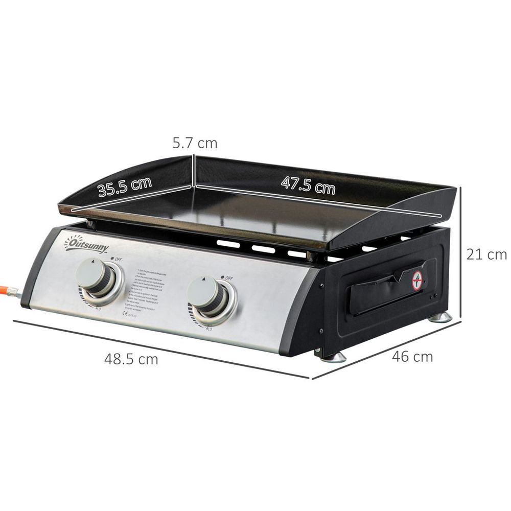 Outsunny Portable Gas Plancha BBQ Grill with 2 Stainless Steel Burner, 6kW - anydaydirect