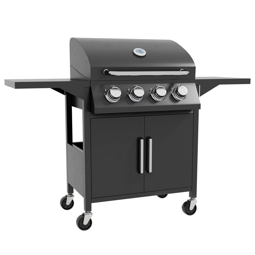 Outsunny 4 Burner Gas Grill Portable BBQ Trolley w/ 4 Wheels and Side Shelves - anydaydirect