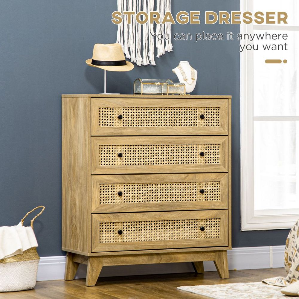 Rattan Chest of Drawers 4-Drawer Dresser Storage Cabinet Bedroom, Wood Effect - anydaydirect