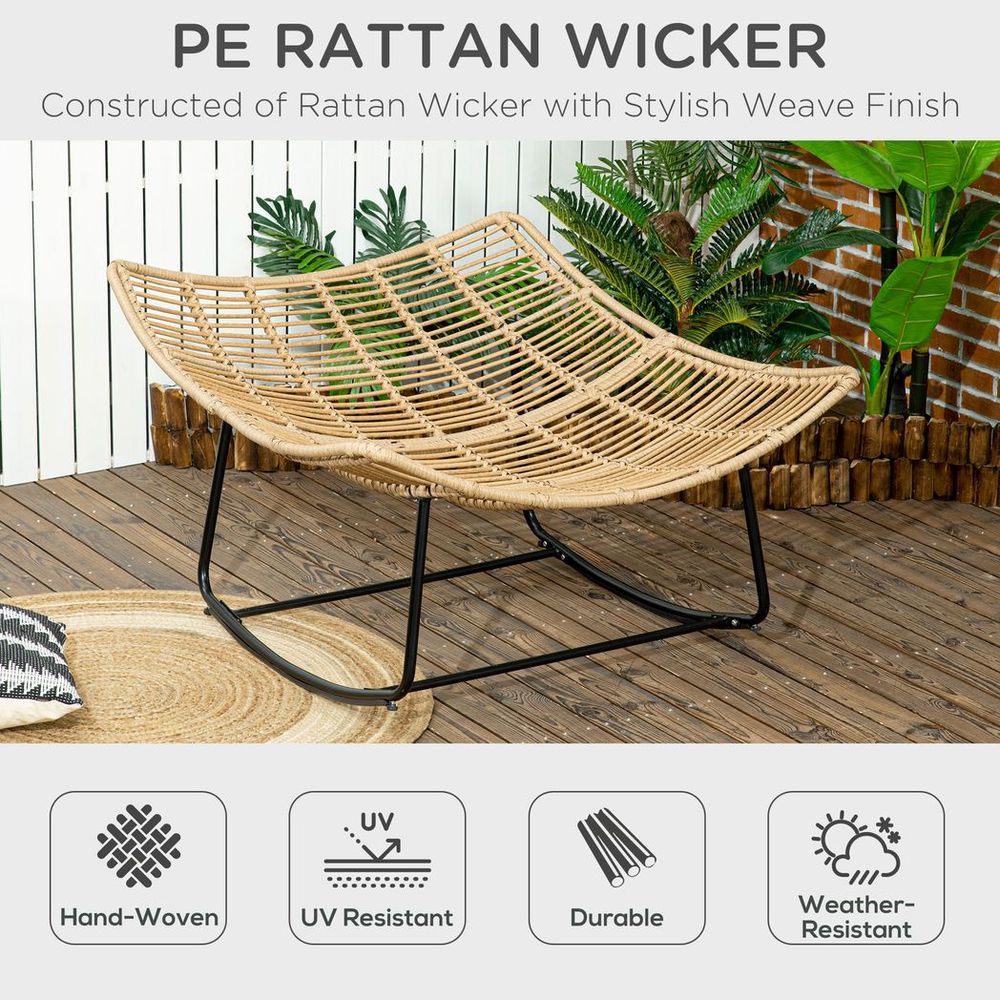 Outsunny Rattan Rocking Chair, Cushioned Wicker Porch Chair, Natural Wood Finish - anydaydirect