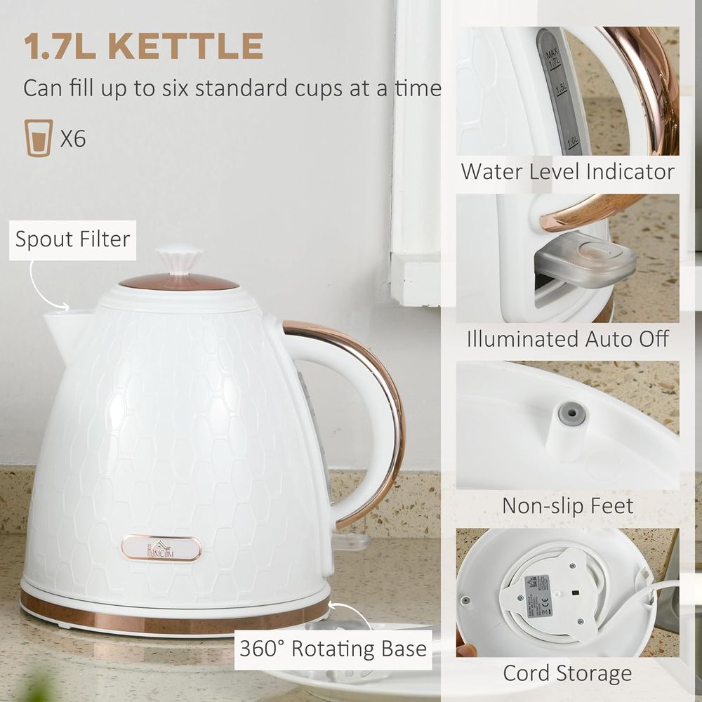 HOMCOM Kettle and Toaster Set 1.7L Fast Boil Kettle & 2 Slice Toaster Set White - anydaydirect