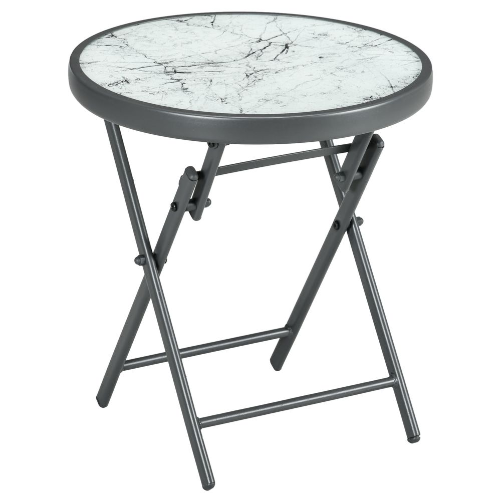 Outsunny Round Folding Side Table w/ Imitation Marble Glass Top, White - anydaydirect