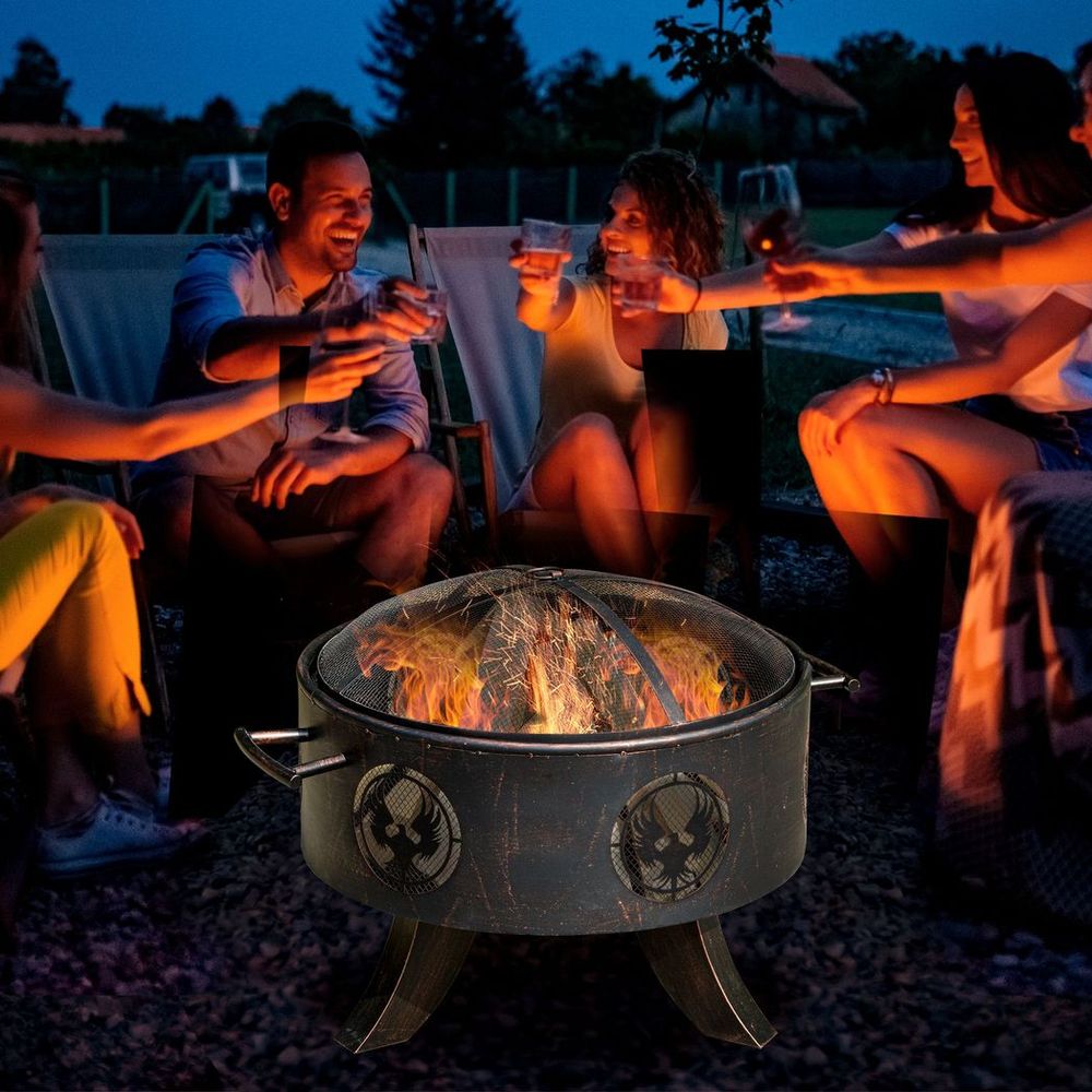 Outsunny Outdoor Fire Pit Firebowl with Screen Cover & Poker For Patio Backyard - anydaydirect