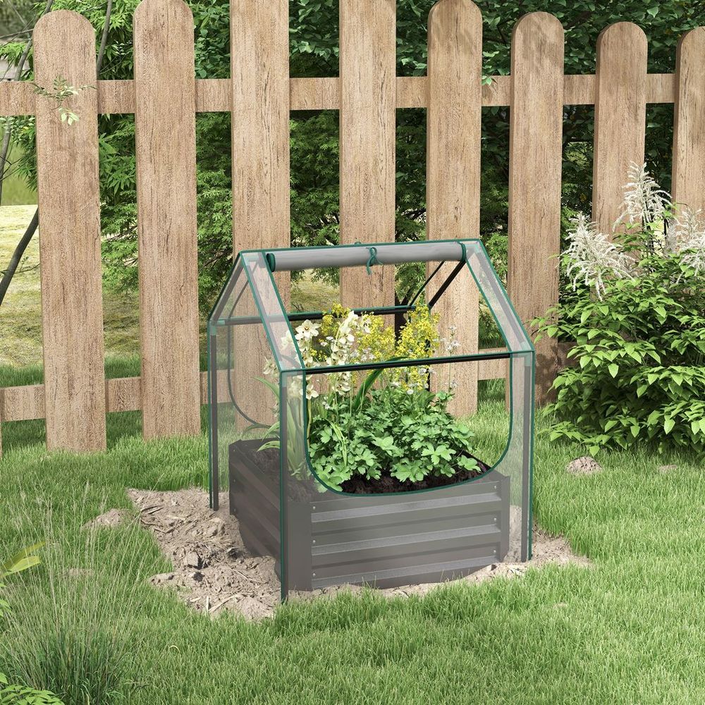 Outsunny Raised Garden Bed Planter Box with Greenhouse, Clear and Dark Grey - anydaydirect