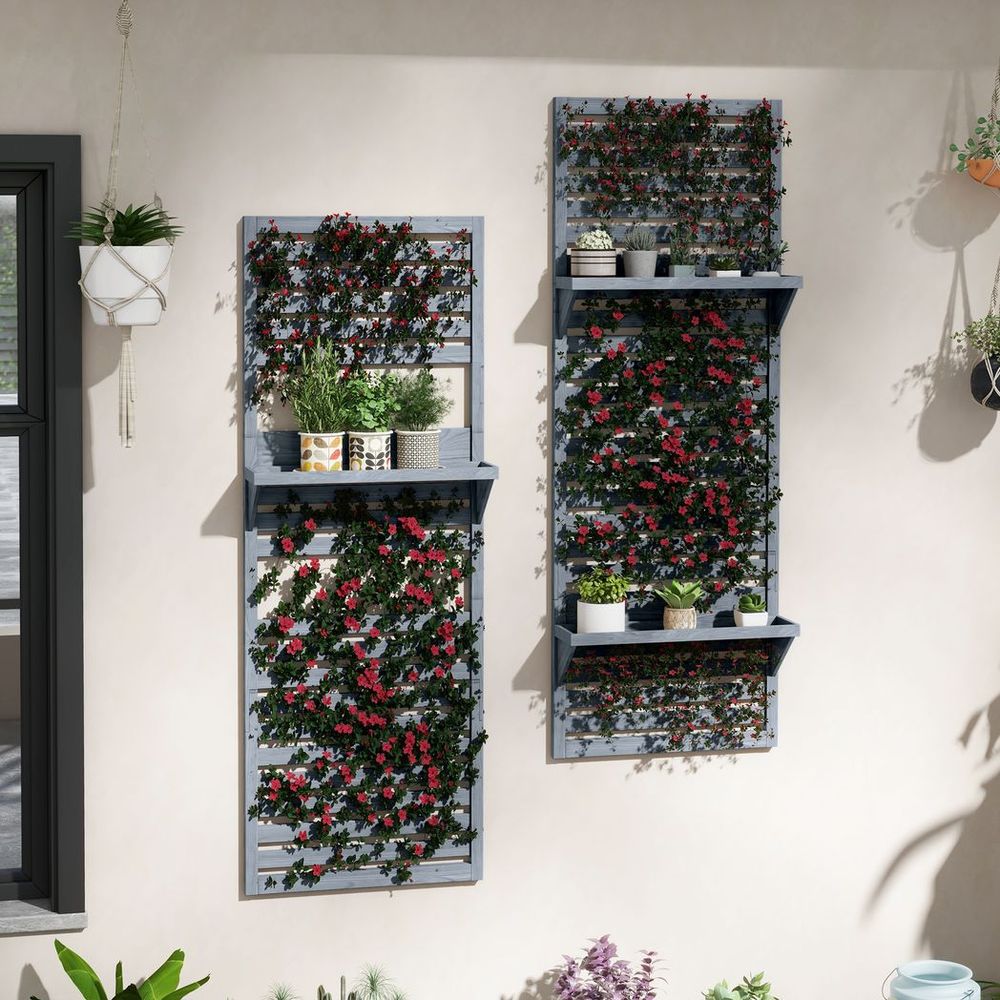 Outsunny Wall Mounted Plant Stands Set of 2 with Shelves and Slatted Trellis - anydaydirect