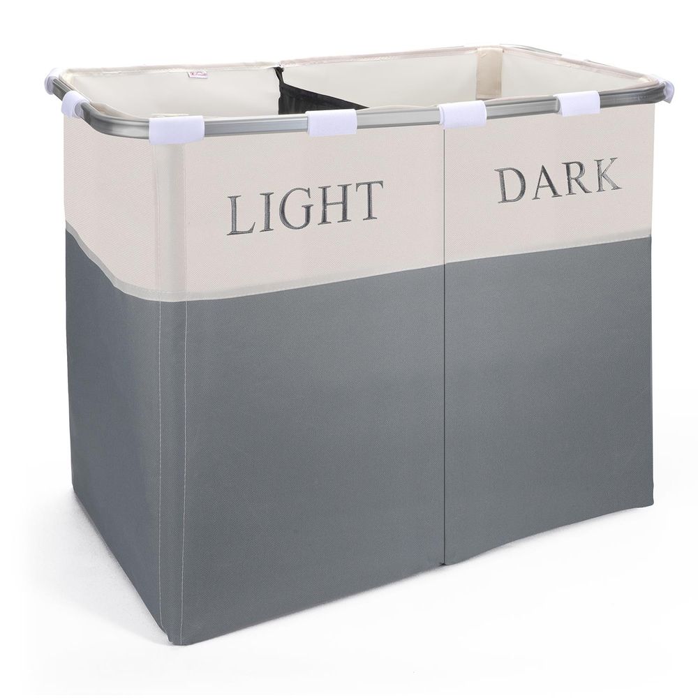 Lights and Darks Folding Laundry Sorter Basket Box Bag Bin Hamper Washing Cloths Storage 2 Compartments Metal - anydaydirect