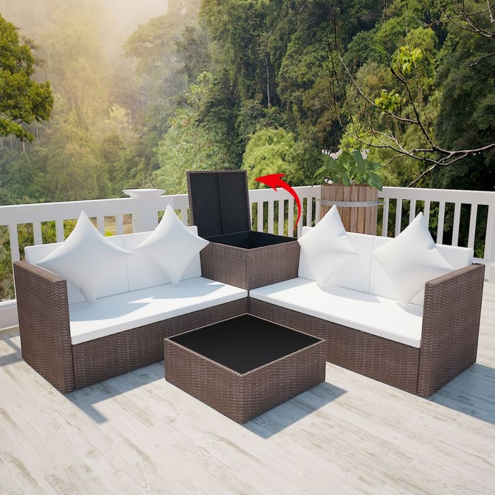 4 Piece Garden Lounge Set with Cushions Poly Rattan Brown - anydaydirect