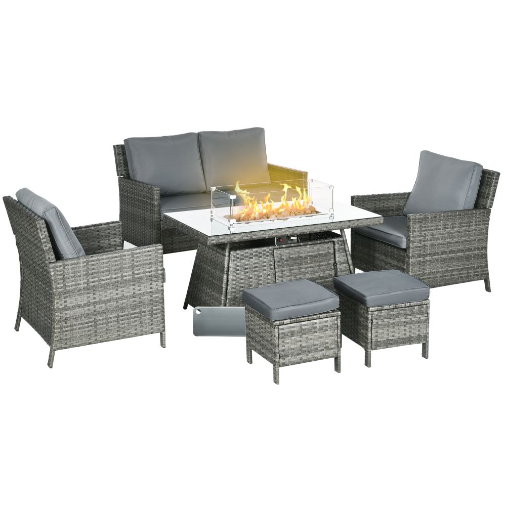 Outsunny Rattan Garden Furniture Sofa Set Armchairs Footstools Fire Pit Table - anydaydirect