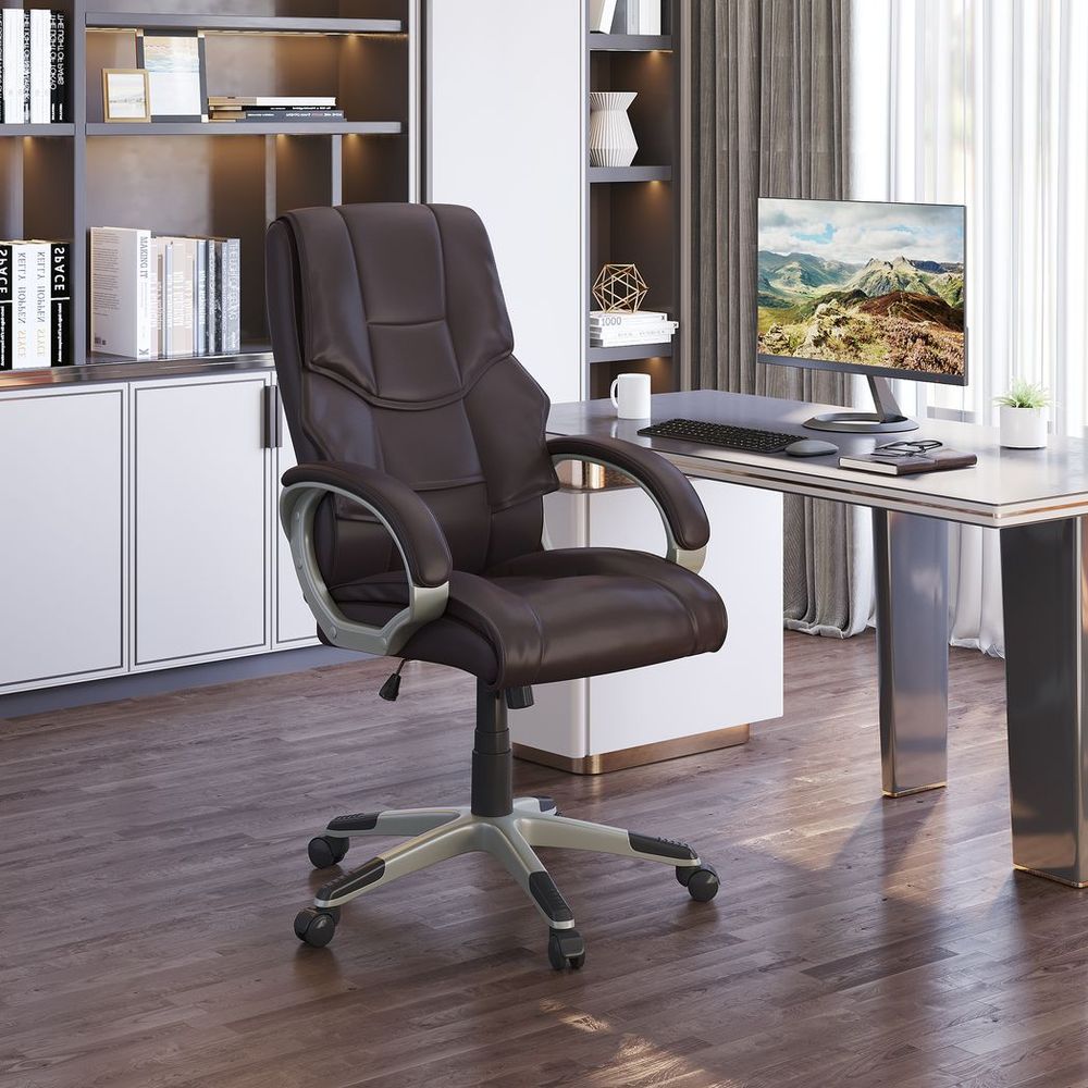 Executive Computer Office Desk Chair High Back Faux Leather Swivel Chair Brown - anydaydirect
