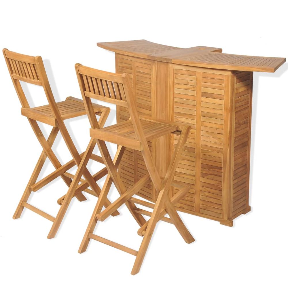 3 Piece Bistro Set with Folding Chairs Solid Teak Wood - anydaydirect