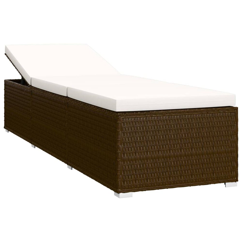 Sun Lounger with Cushion and Tea Table Poly Rattan Brown - anydaydirect