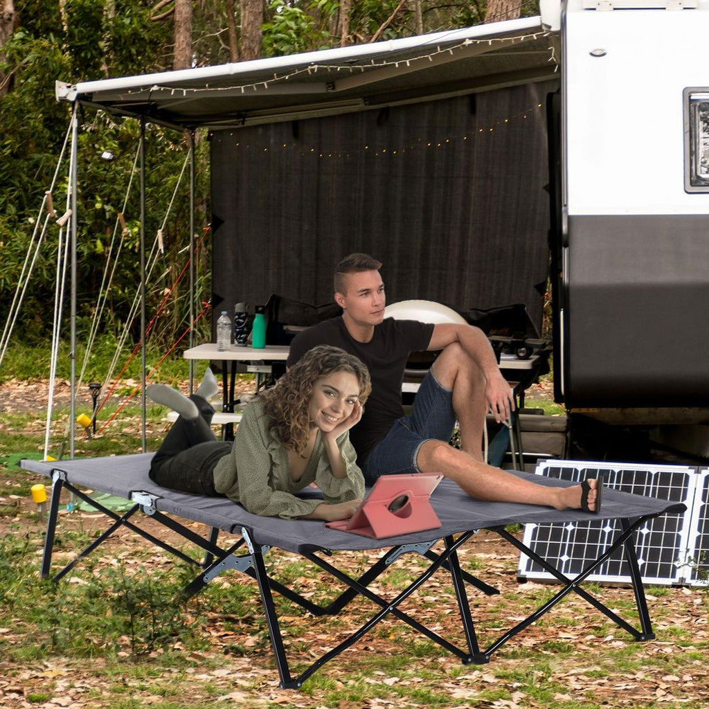 Outsunny Double Camping Folding Cot Outdoor Portable Sunbed w/ Carry Bag, Grey - anydaydirect