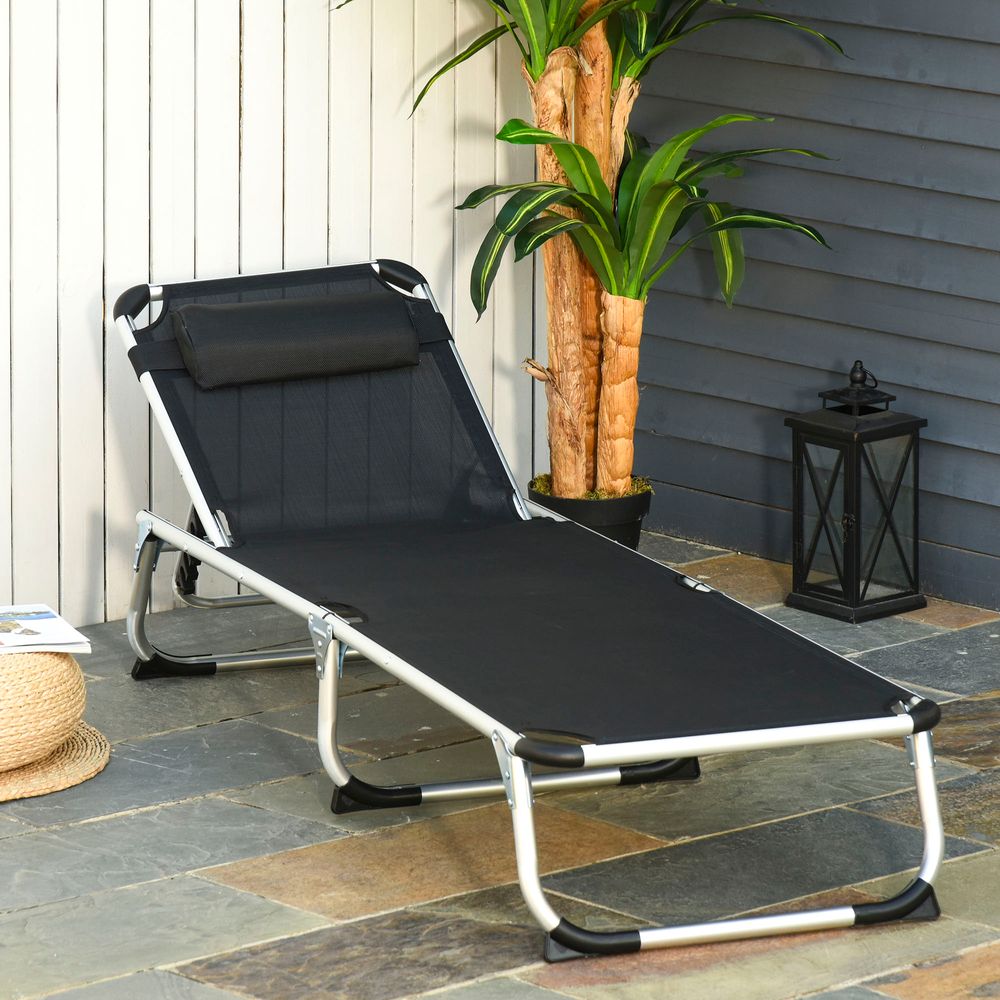 Foldable Reclining Sun Lounger Lounge Chair Camping Bed Cot with Pillow - anydaydirect