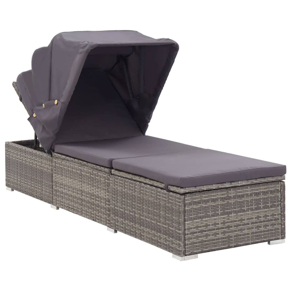 Sun Lounger with Canopy and Cushion Poly Rattan Grey - anydaydirect