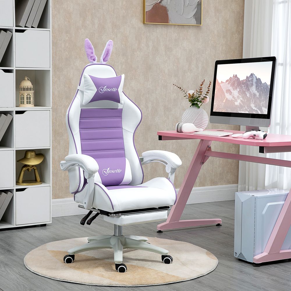Vinsetto Racing Style Gaming Chair with Footrest Removable Rabbit Ears, Purple - anydaydirect