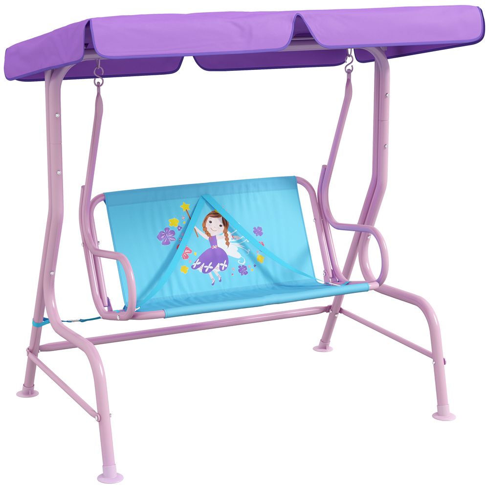 Outsunny 2 Seater Kids Swing Chair, Fairy-Themed with Adjustable Canopy - anydaydirect
