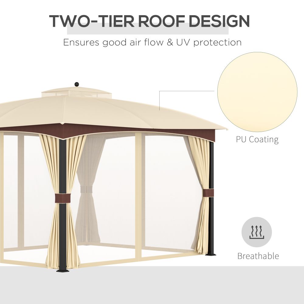 4 x 3m Patio Gazebo, Double Tier Roof, Removable Net Khaki - anydaydirect