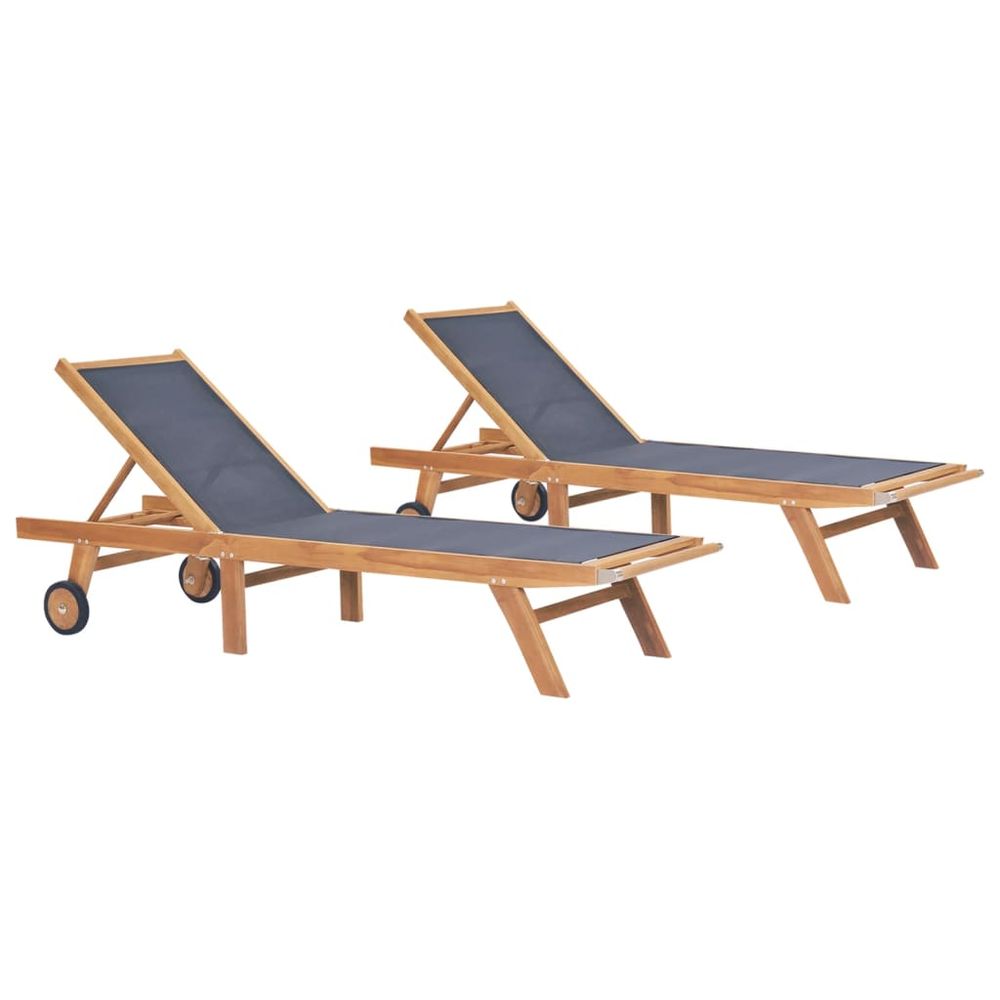 Folding Sun Loungers with Wheels 2 pcs Solid Teak and Textilene - anydaydirect